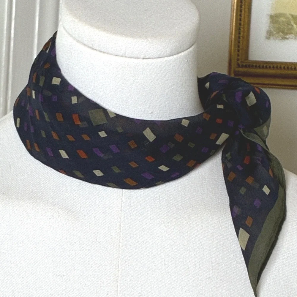 Talbots Silk Square Scarf Geometric Mosaic Print Navy Sheer Made Japan OS